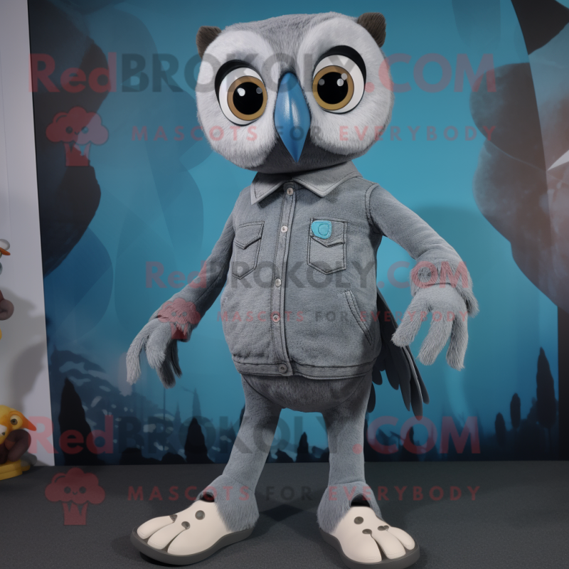 Gray Owl mascot costume character dressed with a Bootcut Jeans and Foot pads