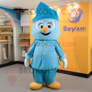 Sky Blue Biryani mascot costume character dressed with a Culottes and Hats