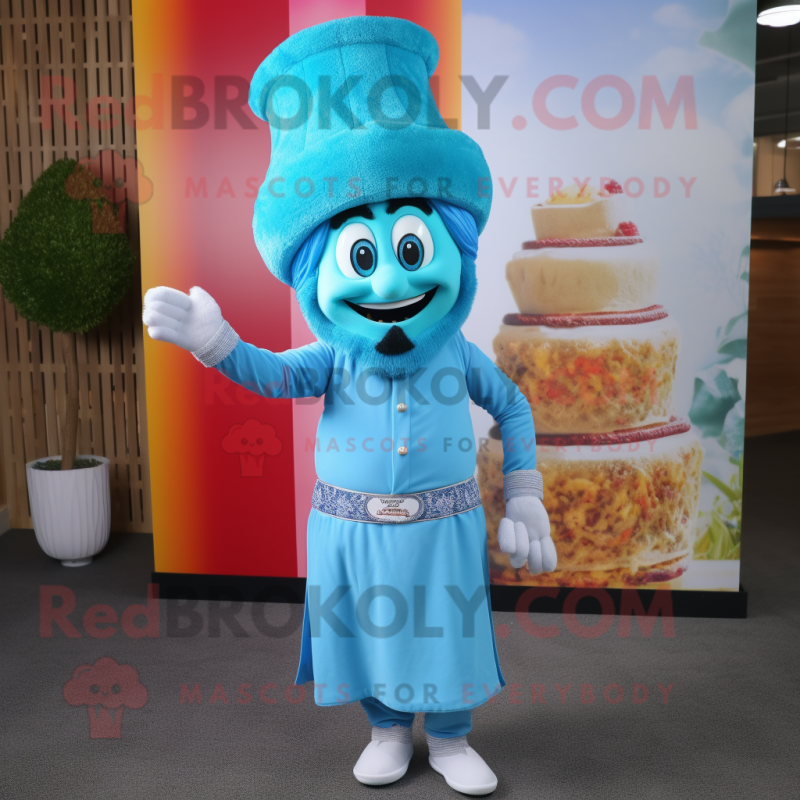 Sky Blue Biryani mascot costume character dressed with a Culottes and Hats Sky Blue Biryani mascot costume character dressed with a Culottes and Hats