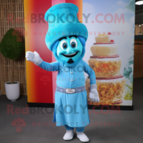 Sky Blue Biryani mascot costume character dressed with a Culottes and Hats