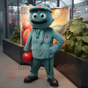 Teal Tomato mascot costume character dressed with a Cargo Pants and Cufflinks