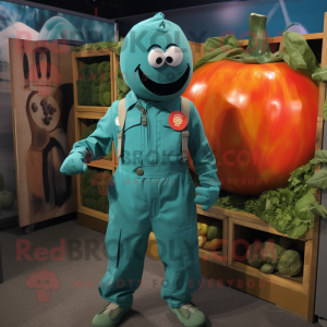 Teal Tomato mascot costume character dressed with a Cargo Pants and Cufflinks