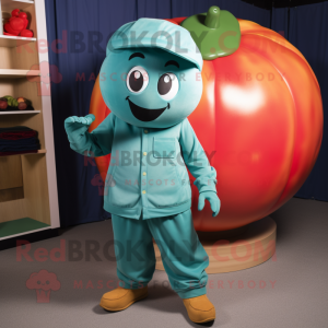 Teal Tomato mascot costume character dressed with a Cargo Pants and Cufflinks