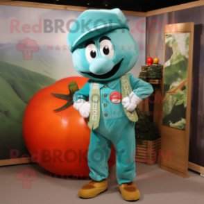 Teal Tomato mascot costume character dressed with a Cargo Pants and Cufflinks