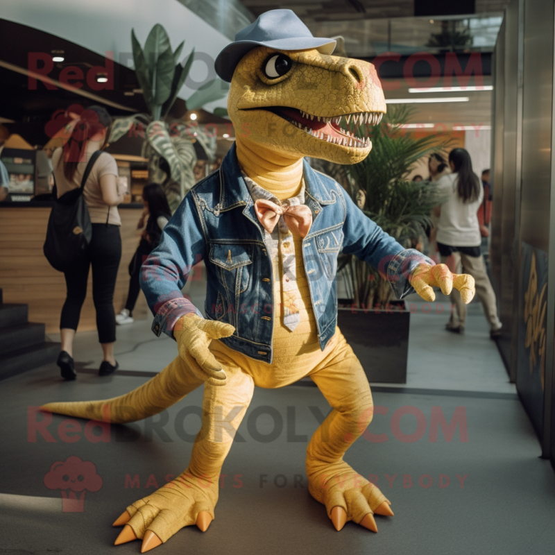 Gold Allosaurus mascot costume character dressed with a Denim Shorts and Bow ties