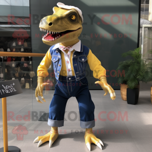 Gold Allosaurus mascot costume character dressed with a Denim Shorts and Bow ties