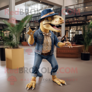 Gold Allosaurus mascot costume character dressed with a Denim Shorts and Bow ties