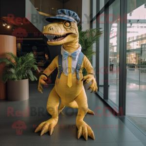 Gold Allosaurus mascot costume character dressed with a Denim Shorts and Bow ties