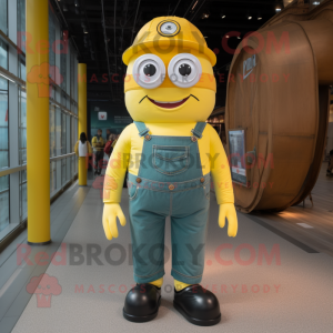 Yellow Plate Spinner mascot costume character dressed with a Dungarees and Suspenders