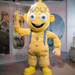 Yellow Plate Spinner mascot costume character dressed with a Dungarees and Suspenders