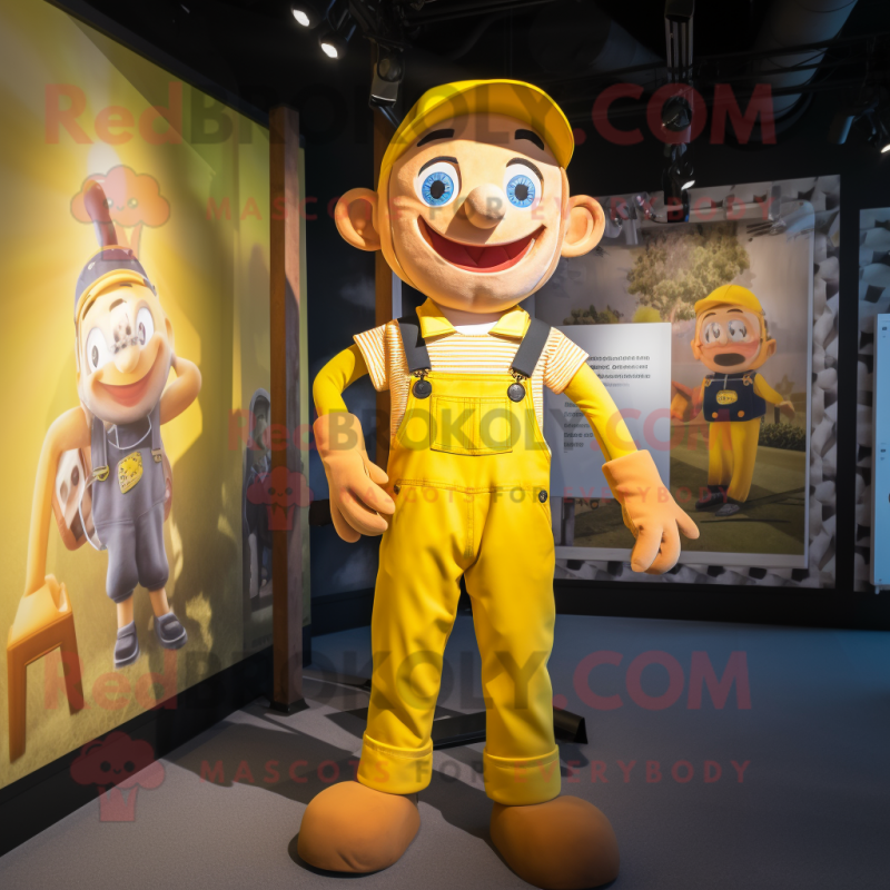 Yellow Plate Spinner mascot costume character dressed with a Dungarees and Suspenders