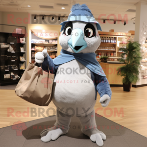 Gray Blue Jay mascot costume character dressed with a Sweatshirt and Tote bags