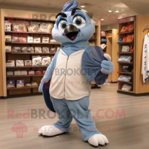 Gray Blue Jay mascot costume character dressed with a Sweatshirt and Tote bags