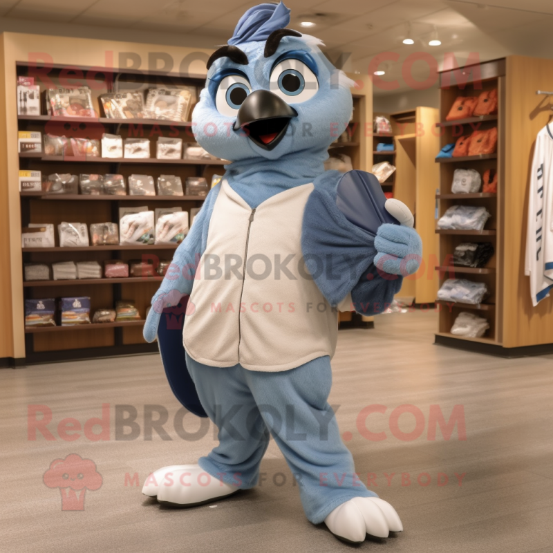 Gray Blue Jay mascot costume character dressed with a Sweatshirt and Tote bags