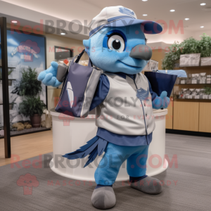 Gray Blue Jay mascot costume character dressed with a Sweatshirt and Tote bags