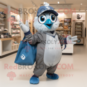 Gray Blue Jay mascot costume character dressed with a Sweatshirt and Tote bags