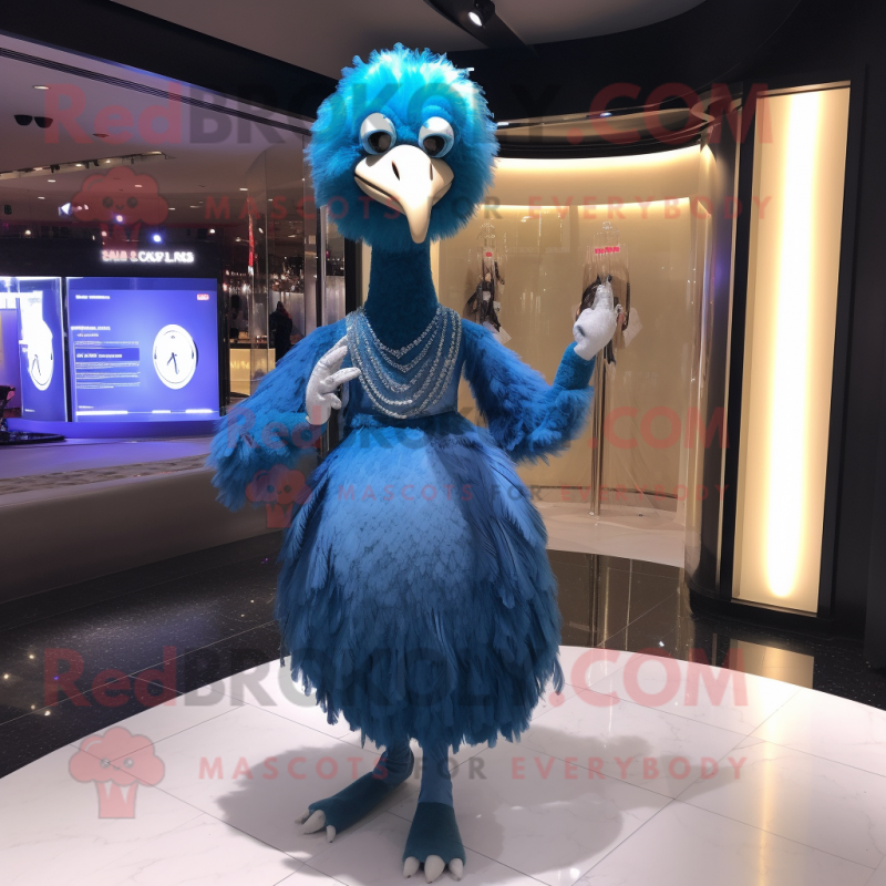 Blue Ostrich mascot costume character dressed with a Evening Gown and Bracelet watches