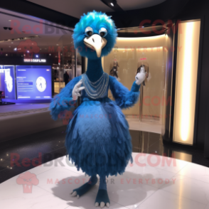 Blue Ostrich mascot costume character dressed with a Evening Gown and Bracelet watches