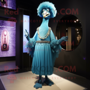 Blue Ostrich mascot costume character dressed with a Evening Gown and Bracelet watches