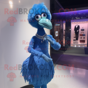 Blue Ostrich mascot costume character dressed with a Evening Gown and Bracelet watches