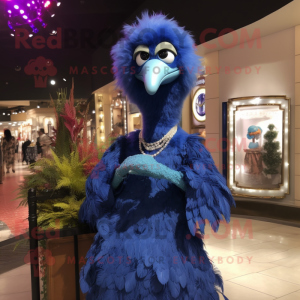 Blue Ostrich mascot costume character dressed with a Evening Gown and Bracelet watches