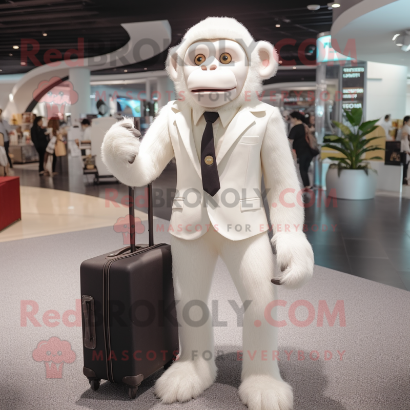 White Monkey mascot costume character dressed with a Suit and Briefcases