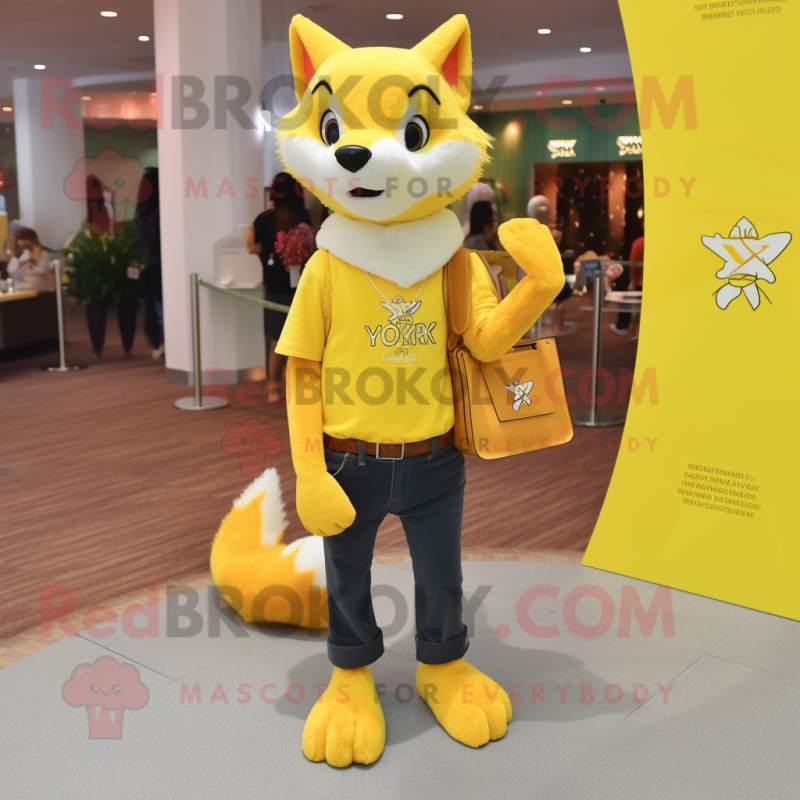 Lemon Yellow Fox mascot costume character dressed with a Henley Shirt and Handbags