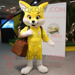 Lemon Yellow Fox mascot costume character dressed with a Henley Shirt and Handbags
