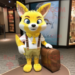 Lemon Yellow Fox mascot costume character dressed with a Henley Shirt and Handbags