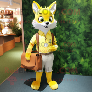 Lemon Yellow Fox mascot costume character dressed with a Henley Shirt and Handbags