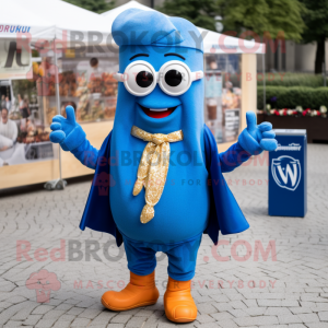 Blue Currywurst mascot costume character dressed with a Suit Pants and Necklaces