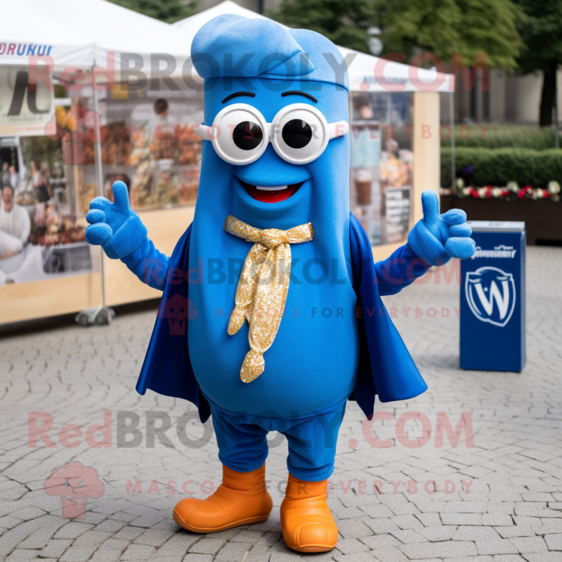 Blue Currywurst mascot costume character dressed with a Suit Pants and Necklaces Blue Currywurst mascot costume character dressed with a Suit Pants and Necklaces