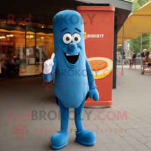 Blue Currywurst mascot costume character dressed with a Suit Pants and Necklaces