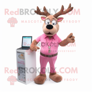 Pink Reindeer mascot costume character dressed with a Cargo Pants and Reading glasses