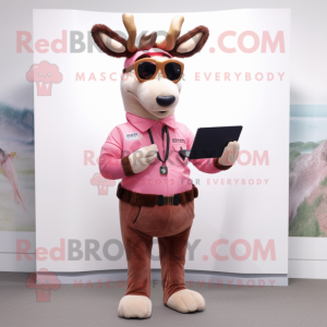 Pink Reindeer mascot costume character dressed with a Cargo Pants and Reading glasses