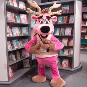 Pink Reindeer mascot costume character dressed with a Cargo Pants and Reading glasses