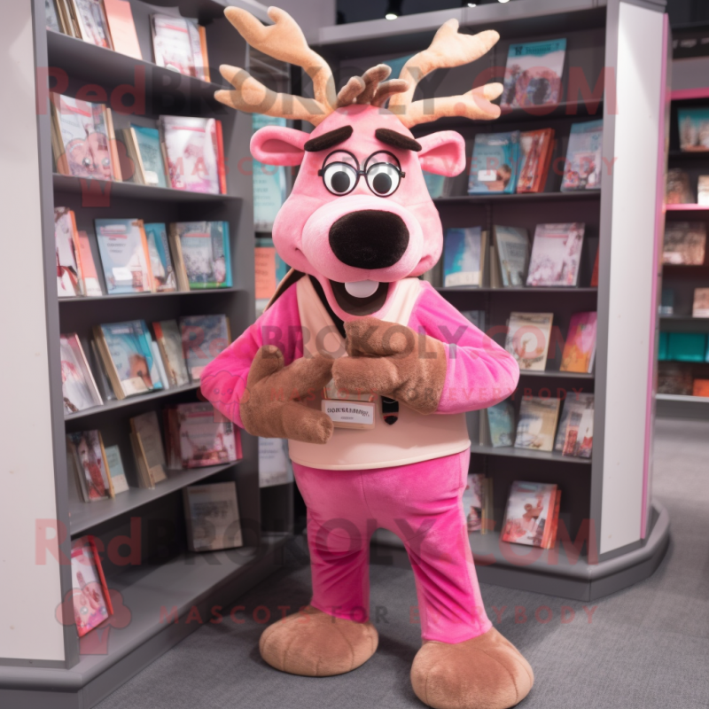 Pink Reindeer mascot costume character dressed with a Cargo Pants and Reading glasses