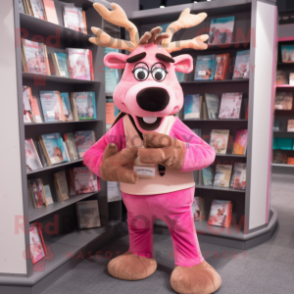 Pink Reindeer mascot costume character dressed with a Cargo Pants and Reading glasses