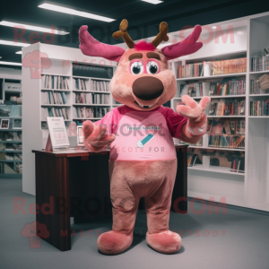 Pink Reindeer mascot costume character dressed with a Cargo Pants and Reading glasses