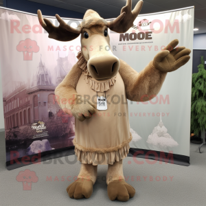 Tan Moose mascot costume character dressed with a Empire Waist Dress and Shoe laces