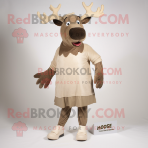 Tan Moose mascot costume character dressed with a Empire Waist Dress and Shoe laces