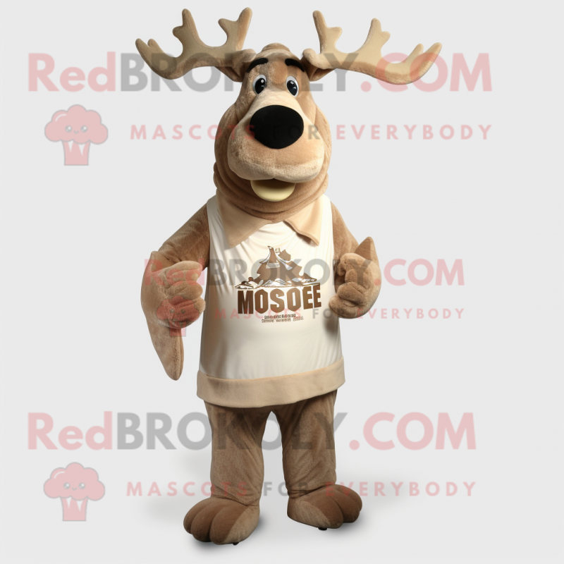 Tan Moose mascot costume character dressed with a Empire Waist Dress and Shoe laces