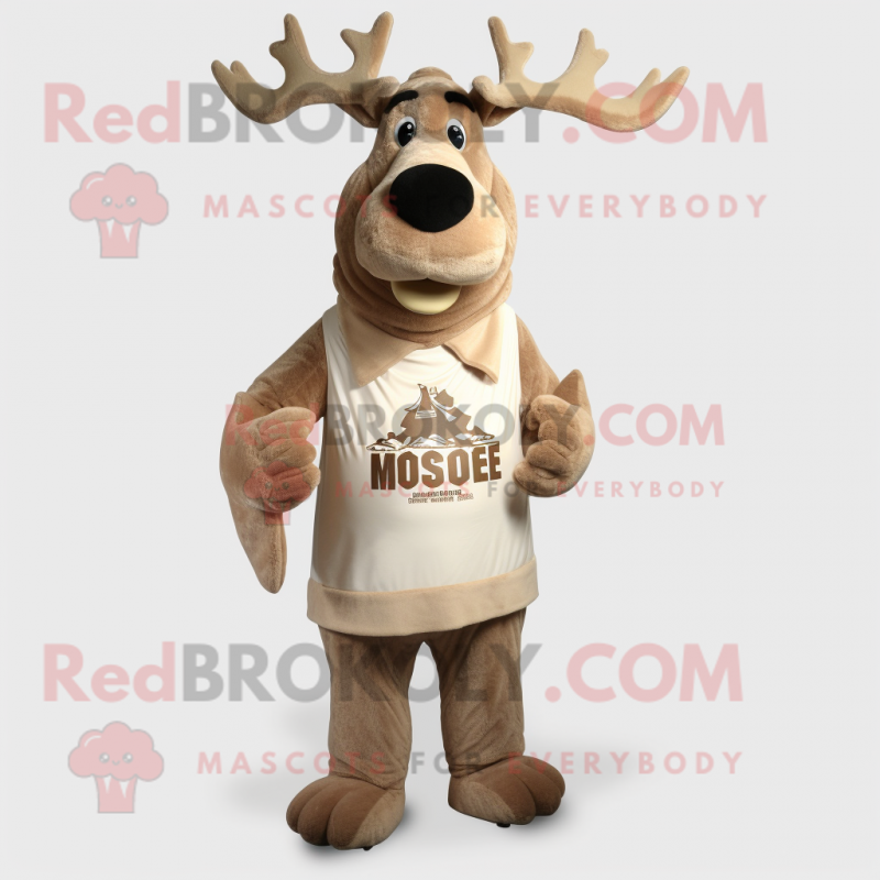 Tan Moose mascot costume character dressed with a Empire Waist Dress and Shoe laces Tan Moose mascot costume character dressed with a Empire Waist Dress and Shoe laces