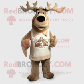 Tan Moose mascot costume character dressed with a Empire Waist Dress and Shoe laces