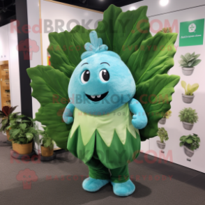 Turquoise Cabbage Leaf mascot costume character dressed with a Shorts and Lapel pins