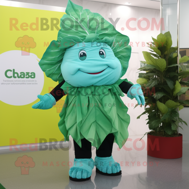 Turquoise Cabbage Leaf mascot costume character dressed with a Shorts and Lapel pins Turquoise Cabbage Leaf mascot costume character dressed with a Shorts and Lapel pins