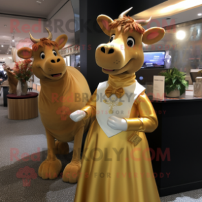 Gold Guernsey Cow mascot costume character dressed with a Ball Gown and Cufflinks