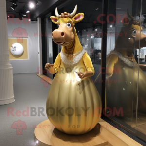 Gold Guernsey Cow mascot costume character dressed with a Ball Gown and Cufflinks