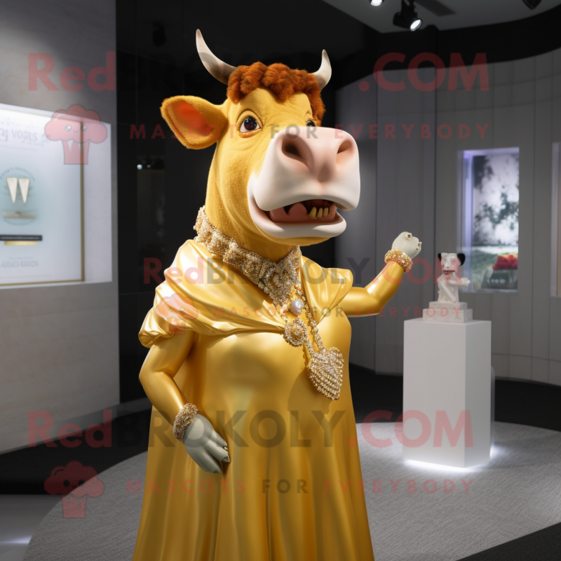 Gold Guernsey Cow mascot costume character dressed with a Ball Gown and Cufflinks Gold Guernsey Cow mascot costume character dressed with a Ball Gown and Cufflinks