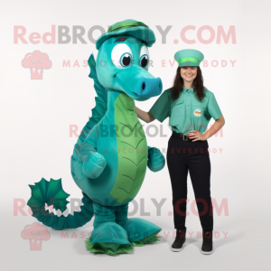 Forest Green Sea Horse mascot costume character dressed with a Capri Pants and Cummerbunds